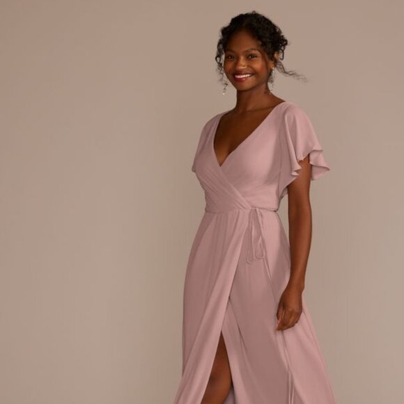 David's Bridal Flutter Sleeve Wrap Dress / Bridesmaid / Quartz / Size 14 - NWT - Picture 2 of 10